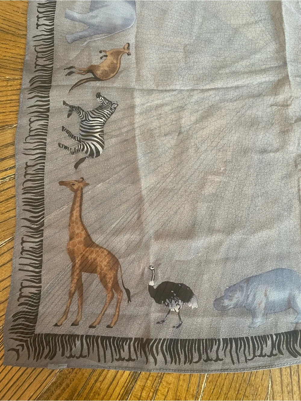 Vintage Gray Animal Border Silk Scarf - Unbranded